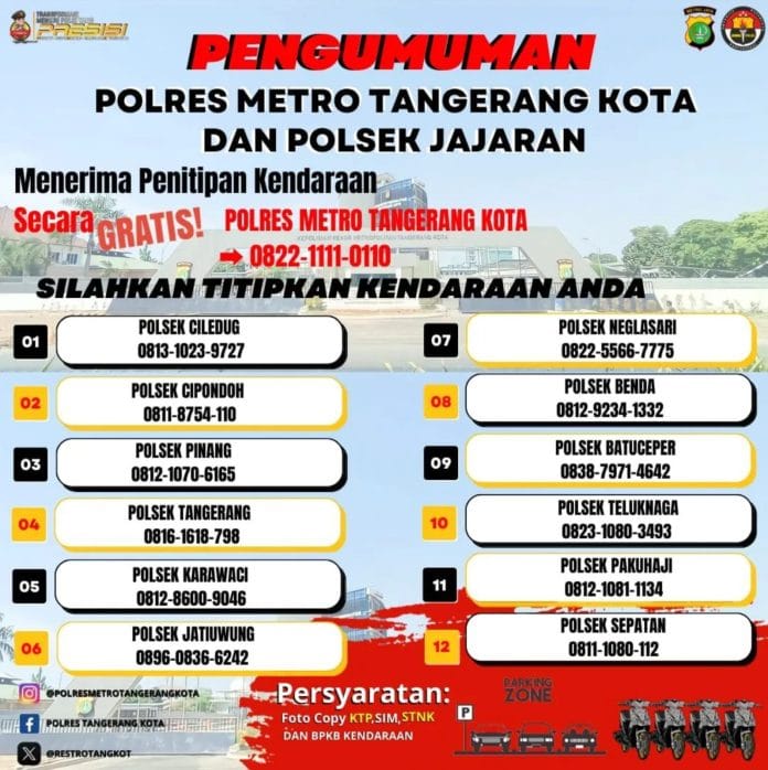 Gratis ! Polres Metro Tangerang Kota Buka Layanan Penitipan Kendaraan Selama Mudik Lebaran