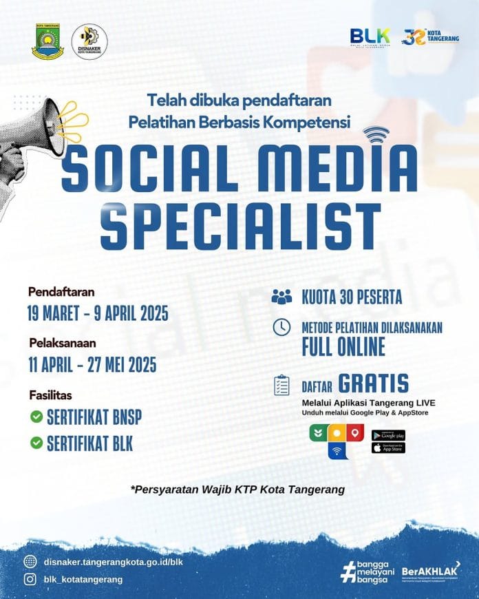 BLK Kota Tangerang Buka Pendaftaran Pelatihan Kompetensi Social Media Specialist Gratis