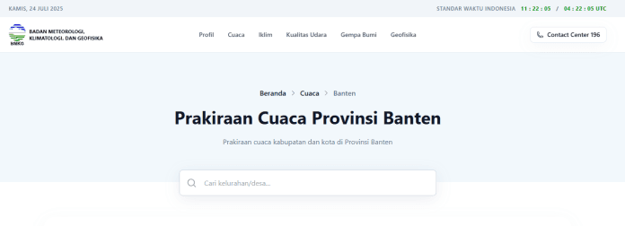 Perkiraan Cuaca Wilayah Provinsi Banten Hari Ini Kamis 24 Juli 2025